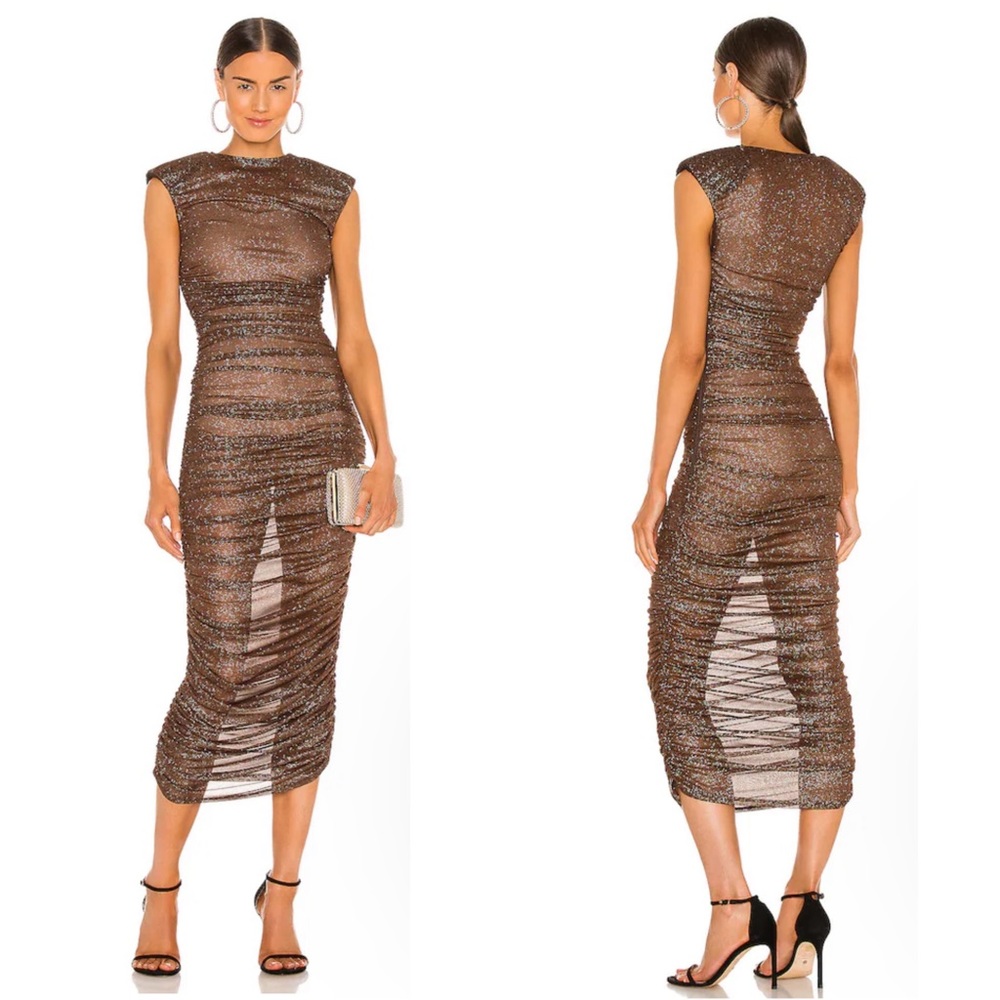 Bronx and Banco Maya Brown Metallic Glitter Ruched Mesh Midi Dress Size XS